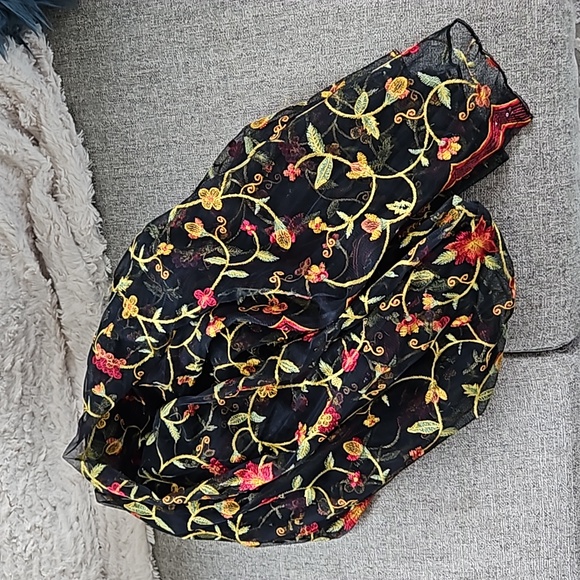 Sheer black scarf / wrap with vibrant embroidered pattern. OS. Red, yellow green - Picture 7 of 9